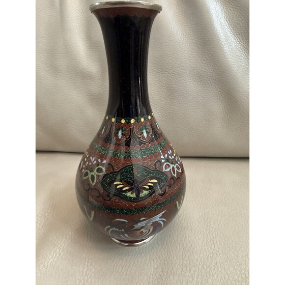 Japanese CLOISONNE Bud Vase Red Brown Gold Fleck Phoenix Bird Kyoto Butterfly - Picture 7 of 16